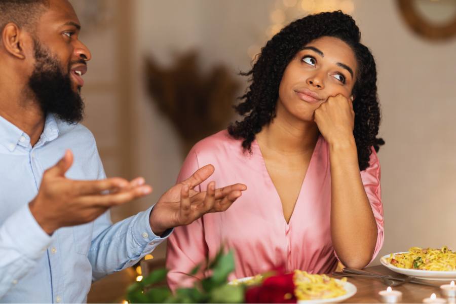 A couple at the dinner table discuss the challenges of sober sex